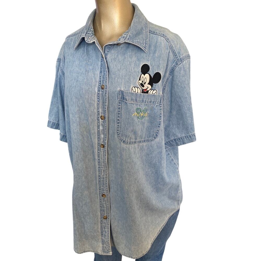 Vintage 90s Mickey Unlimited Denim Shirt Short Sleeve Embroidered Top 14W 16W